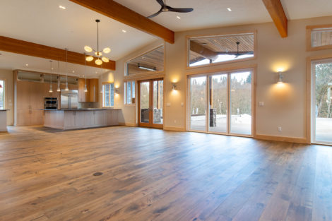 Courtney Acres Lot 3 Great Room and Kitchen with Vaulted Wood Beam Ceiling, Patio Access