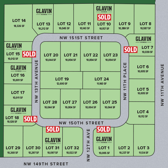 Plat map of Martin Meadow subdivision showing which Glavin Homes lots are sold and available